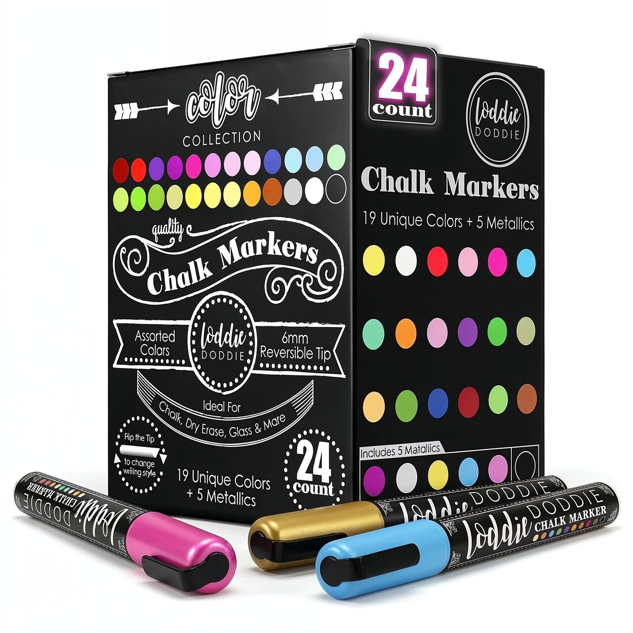 Loddie Doddie Chalk Markers - Pack of 24, 6mm Reversible Tips - Liquid Chalk Pens for Glass & Windows - Dry Erase Chalkboard Markers for Blackboard & Calendars - Non-Toxic Pens for Art & Decor